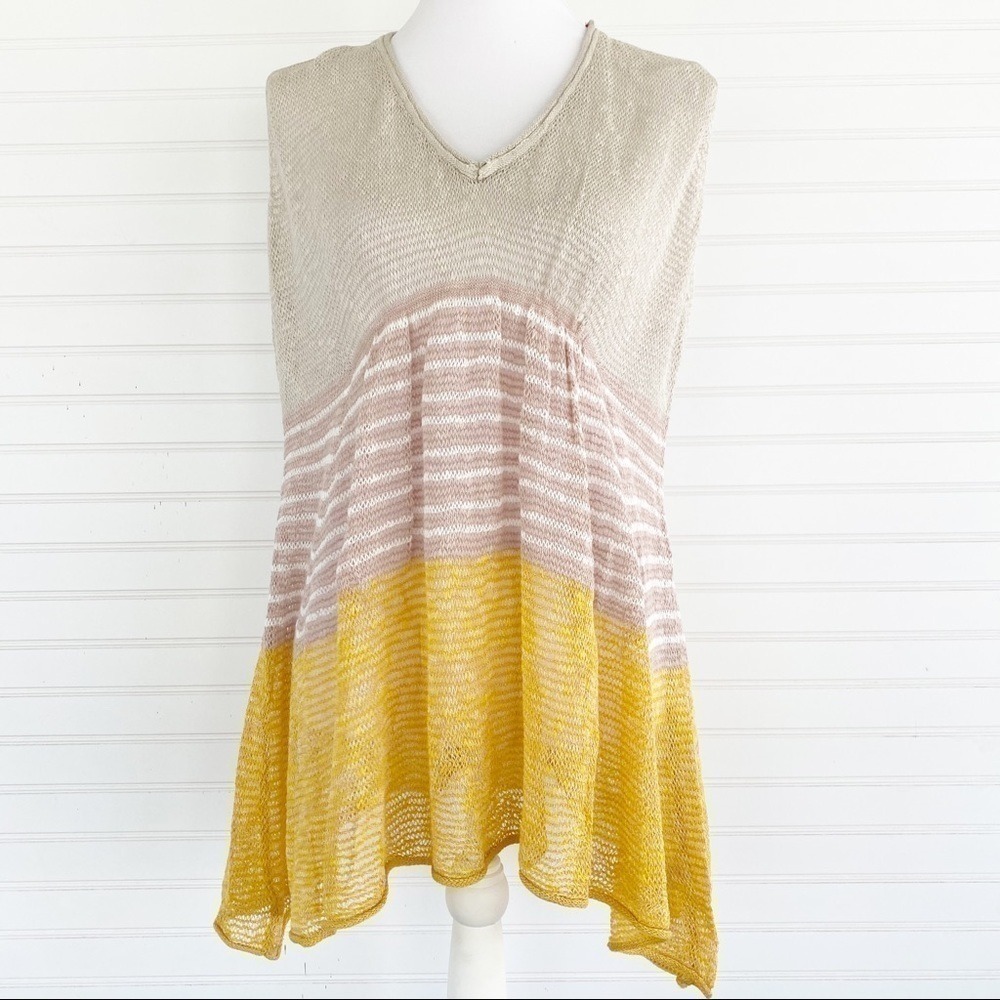 Mystree Colorblock Knit Tunic Tank Top V-Neck Boho Yellow Tan Medium